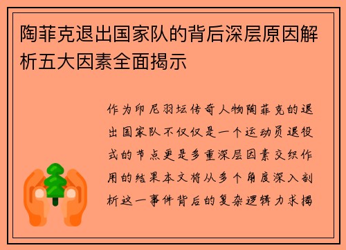 陶菲克退出国家队的背后深层原因解析五大因素全面揭示
