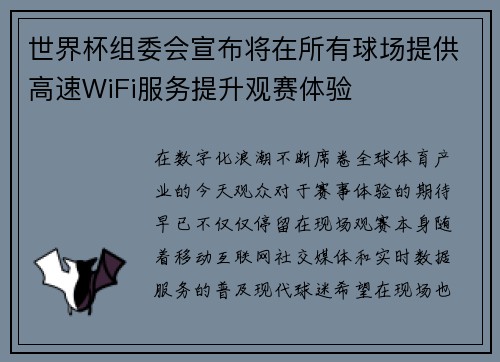 世界杯组委会宣布将在所有球场提供高速WiFi服务提升观赛体验